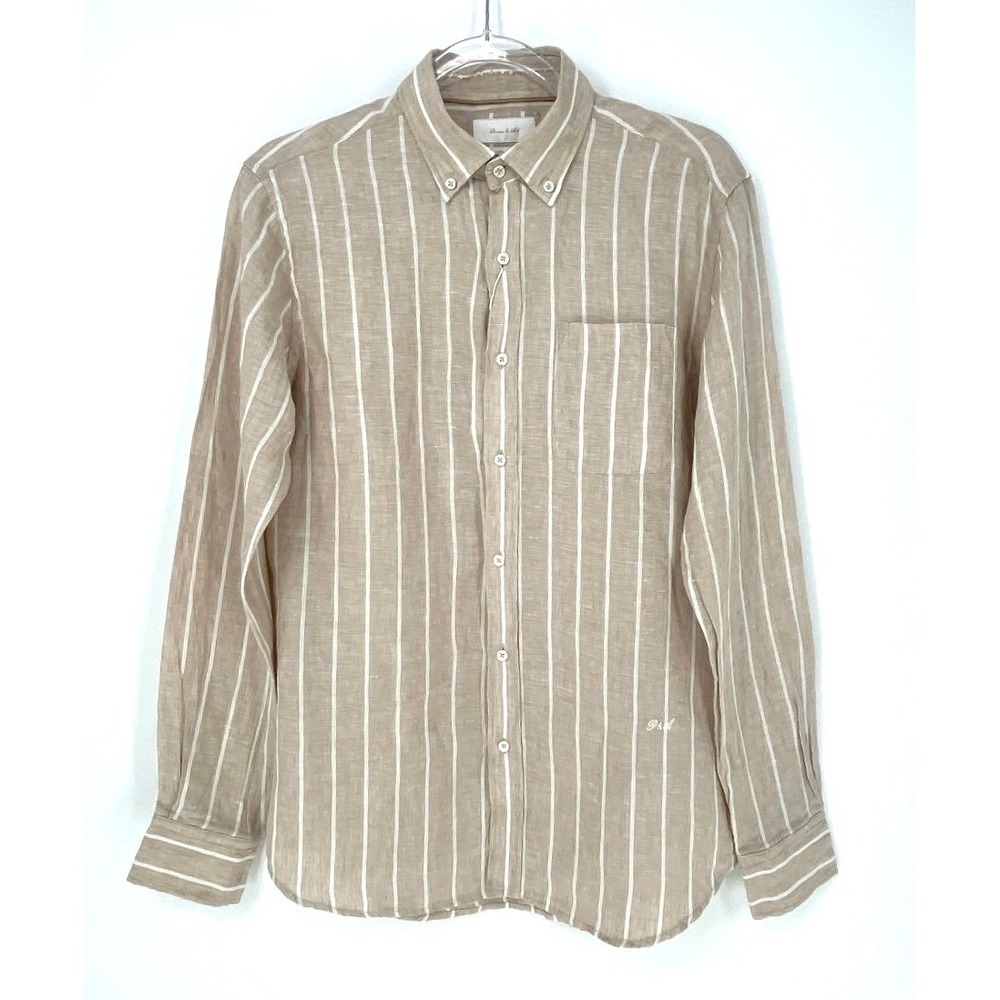 Porter & Ash 100 Linen Mens Button Front Shirt Small Beige Strip Lightweight NWT